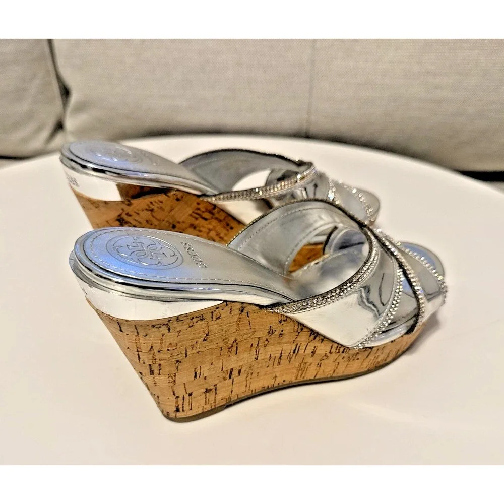 Guess Eleonora Silver Wedge Sandal Size 6M Lightly Used